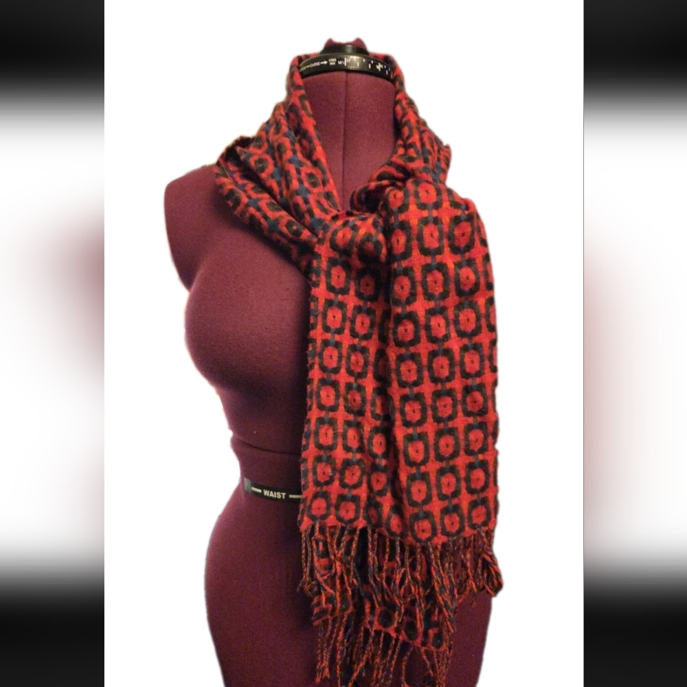 Red and Black Geometric Fringe Scarf - Women